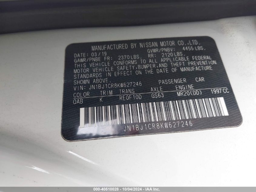 2019 Nissan Rogue Sport Sv VIN: JN1BJ1CR8KW627246 Lot: 40510028