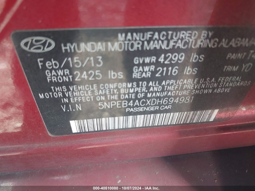 5NPEB4ACXDH694981 2013 Hyundai Sonata Gls