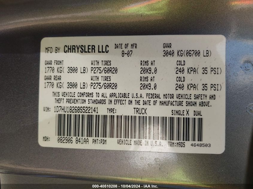 1D7HU18268S522141 2008 Dodge Ram 1500 Slt