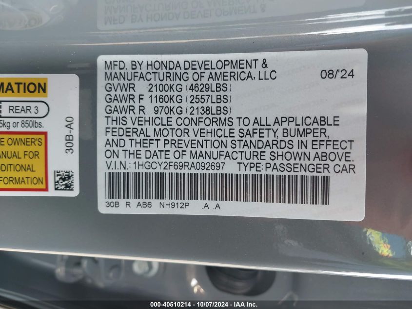 1HGCY2F69RA092697 2024 Honda Accord Hybrid Exl