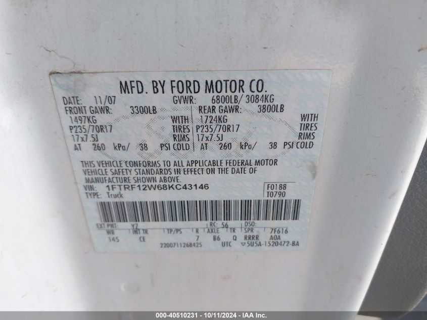 2008 Ford F-150 Fx2/Stx/Xl/Xlt VIN: 1FTRF12W68KC43146 Lot: 40510231