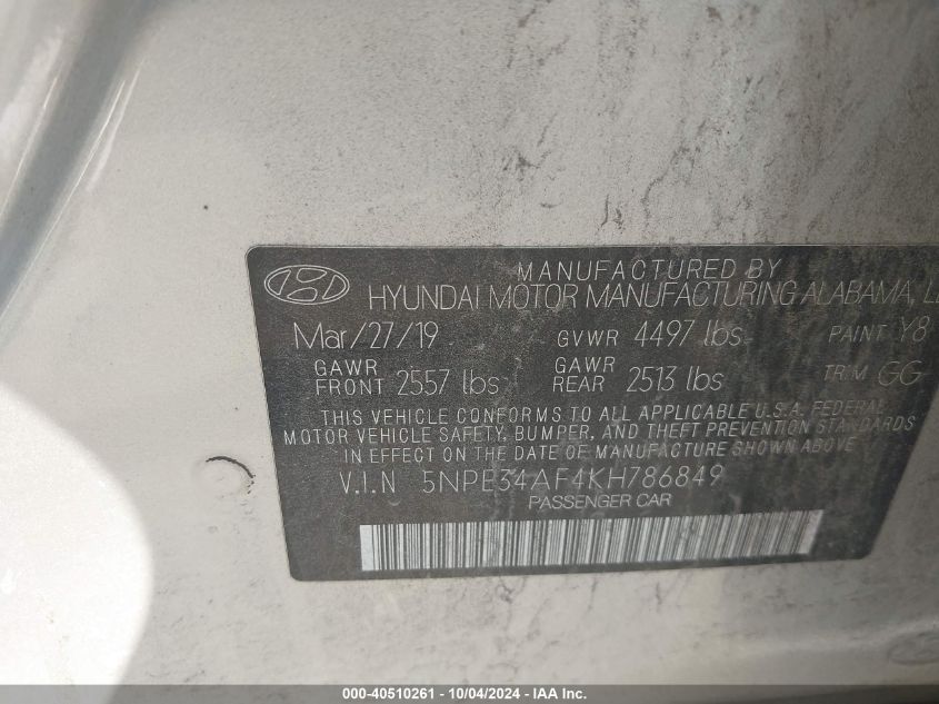 5NPE34AF4KH786849 2019 Hyundai Sonata Sel