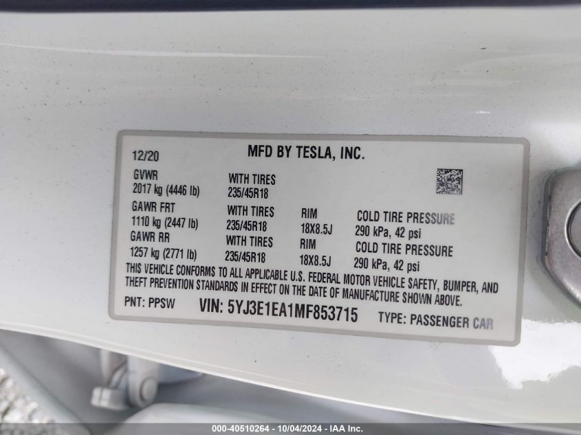 2021 Tesla Model 3 Standard Range Plus Rear-Wheel Drive VIN: 5YJ3E1EA1MF853715 Lot: 40510264