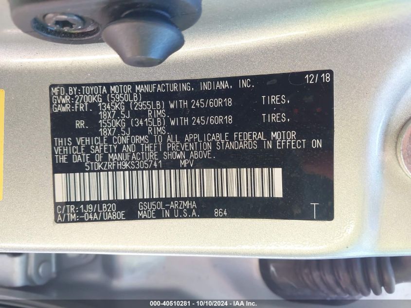 5TDKZRFH9KS305741 2019 Toyota Highlander Xle