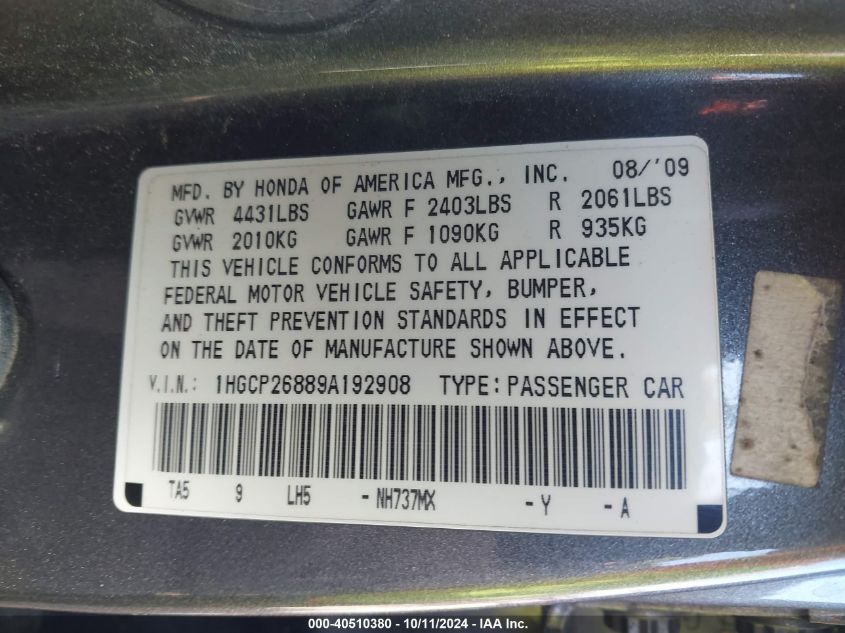 1HGCP26889A192908 2009 Honda Accord Exl