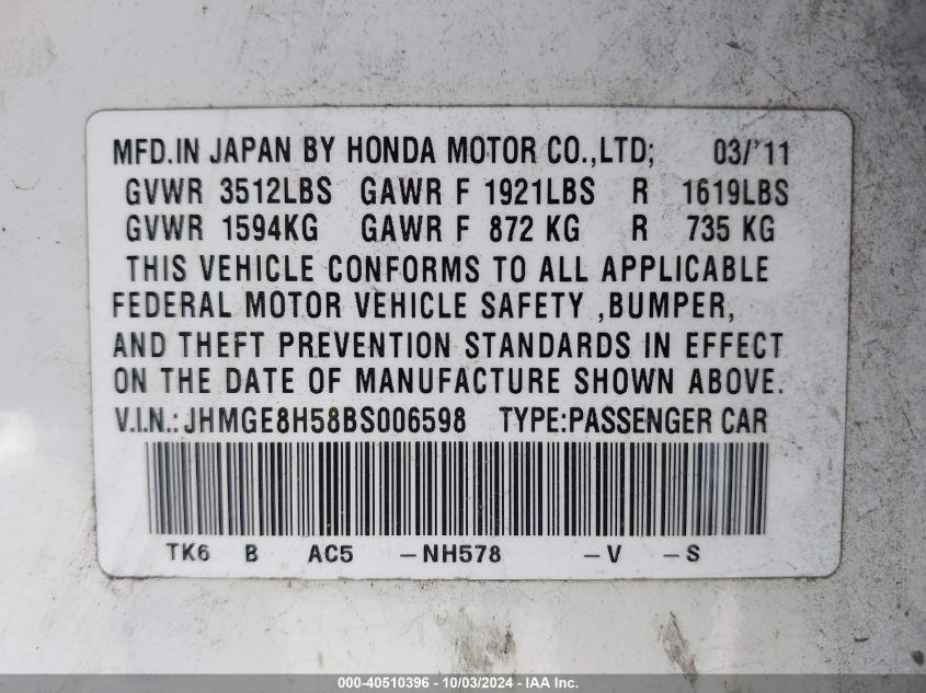 JHMGE8H58BS006598 2011 Honda Fit Sport