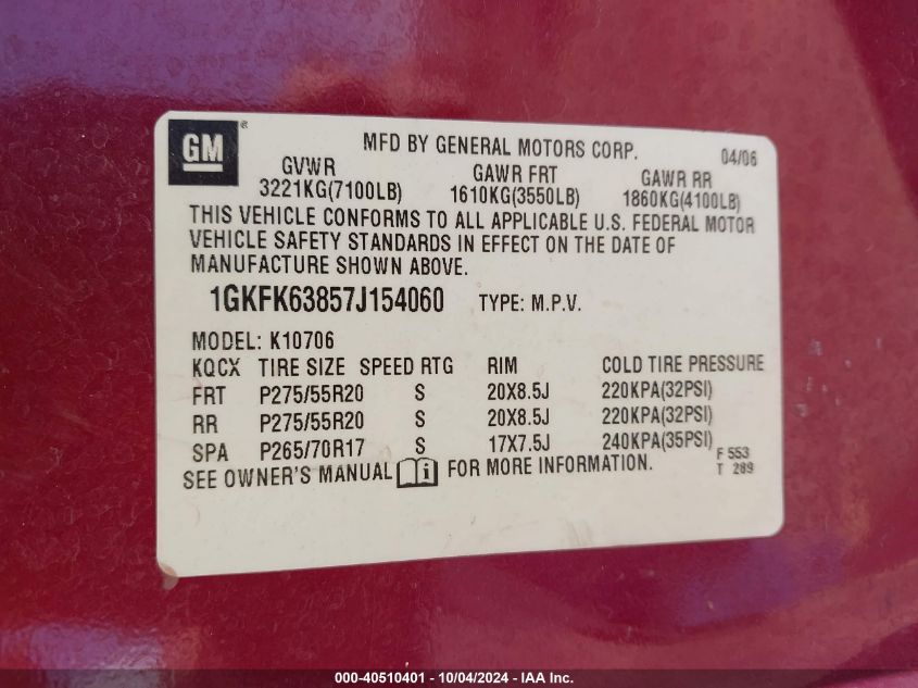 1GKFK63857J154060 2007 GMC Yukon Denali