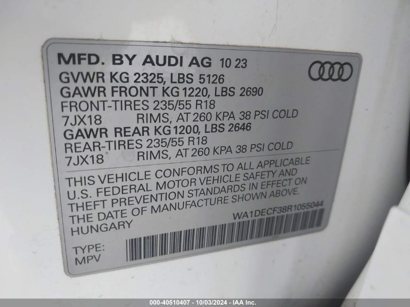 2024 Audi Q3 Premium 45 Tfsi S Line Quattro Tiptronic VIN: WA1DECF38R1055044 Lot: 40510407