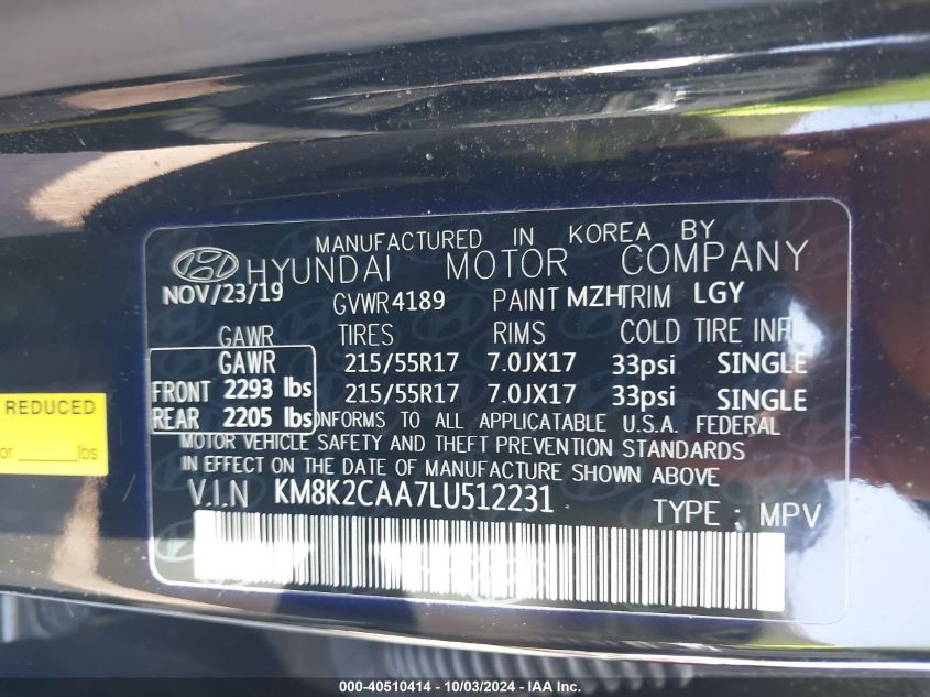 2020 Hyundai Kona Sel VIN: KM8K2CAA7LU512231 Lot: 40510414