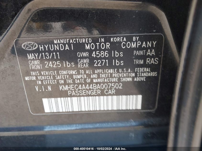 2011 Hyundai Sonata Hybrid VIN: KMHEC4A44BA007502 Lot: 40510416