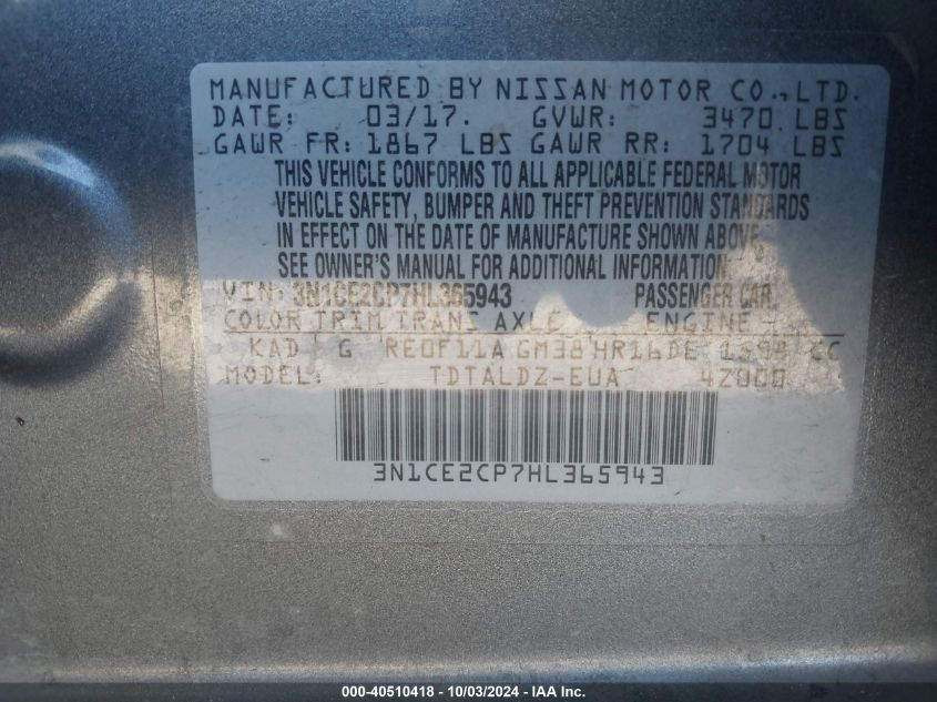 3N1CE2CP7HL365943 2017 Nissan Versa Note Sv