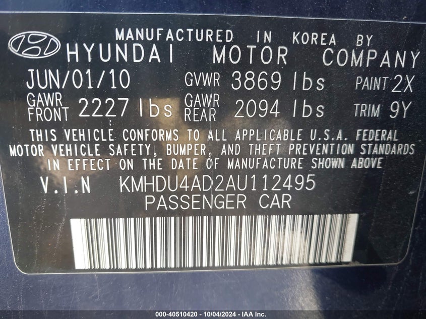 KMHDU4AD2AU112495 2010 Hyundai Elantra Se