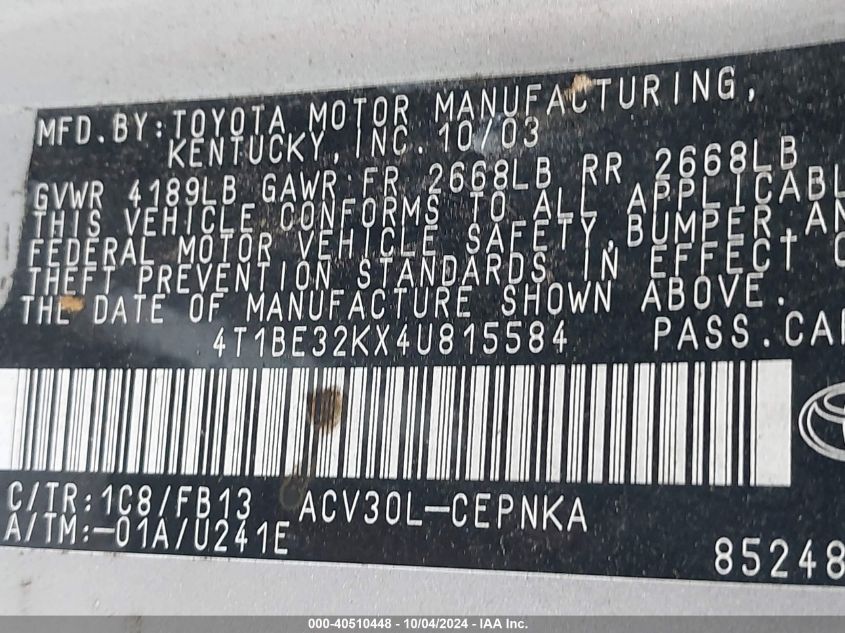 4T1BE32KX4U815584 2004 Toyota Camry Le