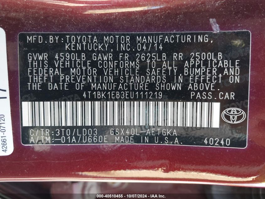 4T1BK1EB3EU111219 2014 Toyota Avalon Xle