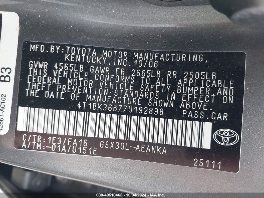 2007 Toyota Avalon Xl VIN: 4T1BK36B77U192898 Lot: 40510465