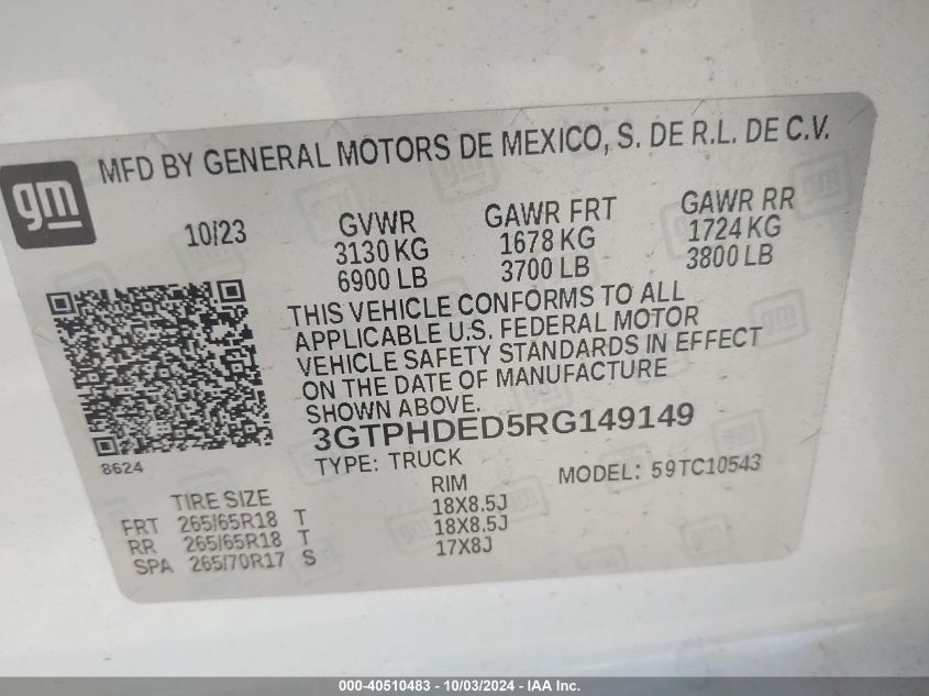 2024 GMC Sierra 1500 2Wd Short Box Slt VIN: 3GTPHDED5RG149149 Lot: 40510483