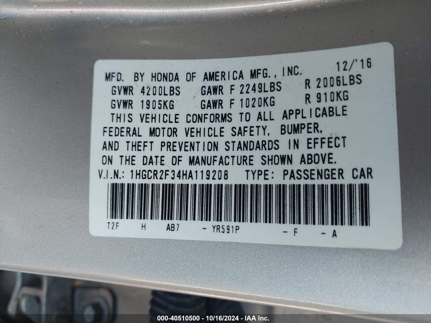 2017 HONDA ACCORD VIN: 1HGCR2F34HA119208