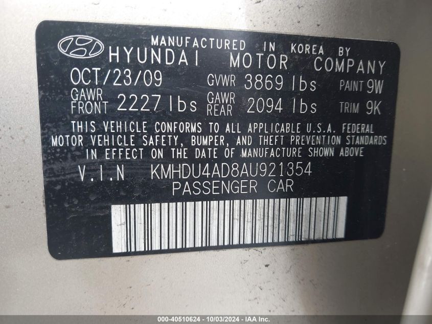 KMHDU4AD8AU921354 2010 Hyundai Elantra Gls