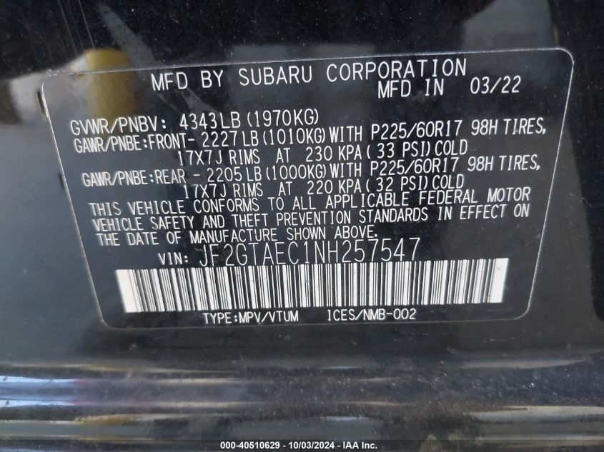 JF2GTAEC1NH257547 2022 Subaru Crosstrek Premium