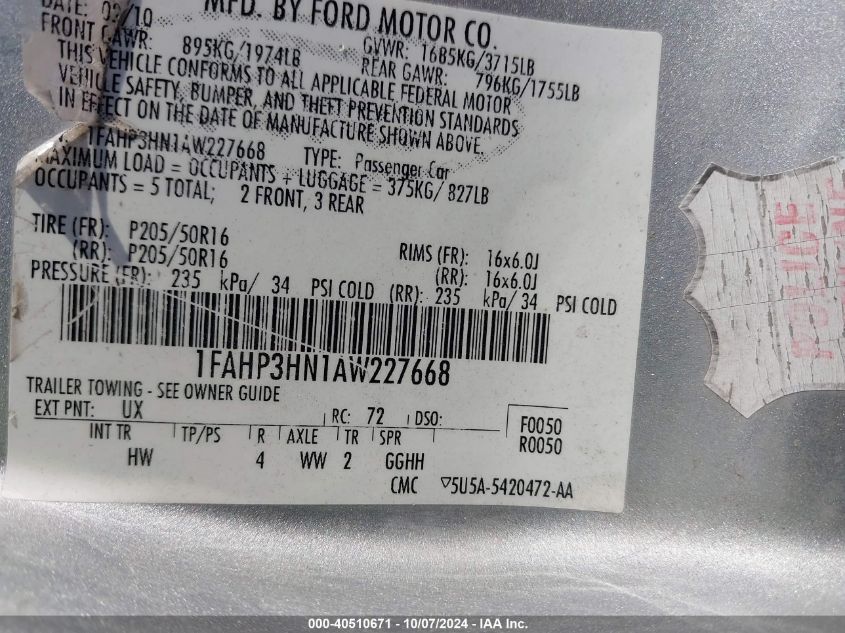 1FAHP3HN1AW227668 2010 Ford Focus Sel