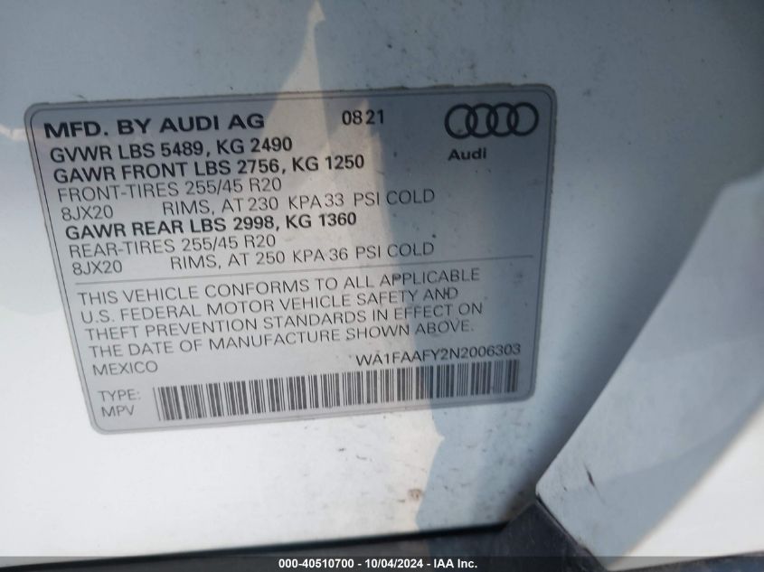 2022 Audi Q5 Prestige 45 Tfsi S Line Quattro S Tronic VIN: WA1FAAFY2N2006303 Lot: 40510700