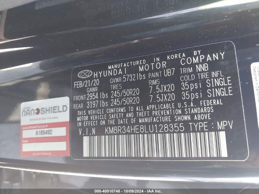 2020 Hyundai Palisade Sel VIN: KM8R34HE8LU128355 Lot: 40510748