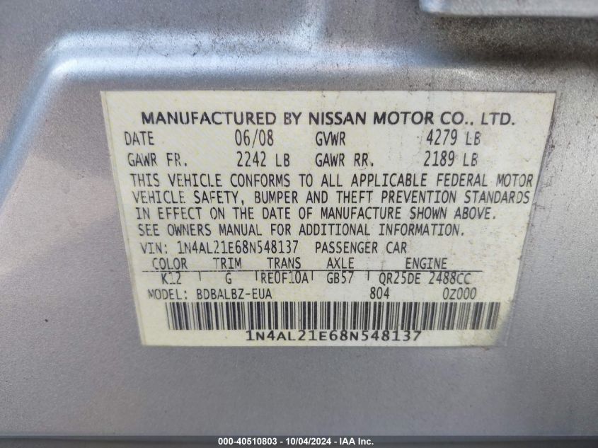 1N4AL21E68N548137 2008 Nissan Altima 2.5 S