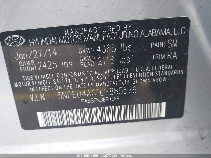 5NPEB4AC1EH885576 2014 Hyundai Sonata Gls