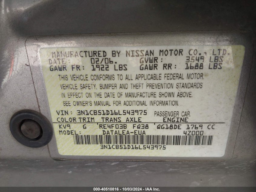 3N1CB51D16L543975 2006 Nissan Sentra 1.8S