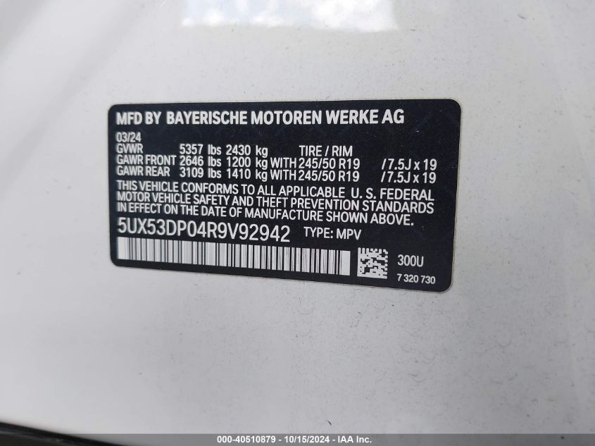 2024 BMW X3 xDrive30I VIN: 5UX53DP04R9V92942 Lot: 40510879