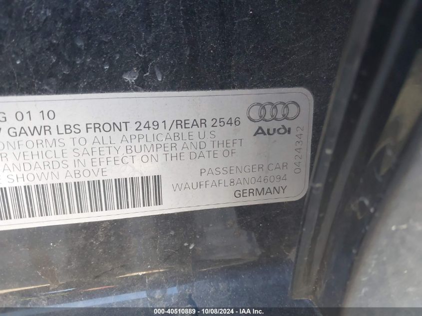 2010 Audi A4 2.0T Premium VIN: WAUFFAFL8AN046094 Lot: 40510889