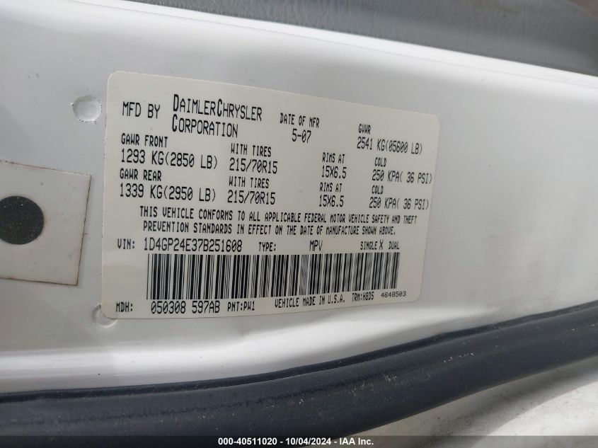 2007 Dodge Grand Caravan Se VIN: 1D4GP24E37B251608 Lot: 40511020