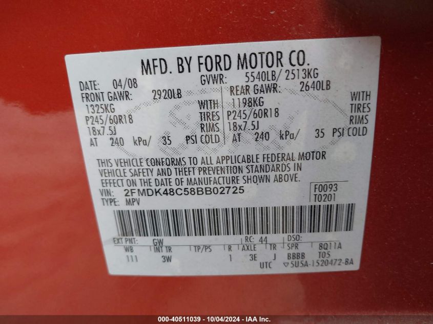 2FMDK48C58BB02725 2008 Ford Edge Sel