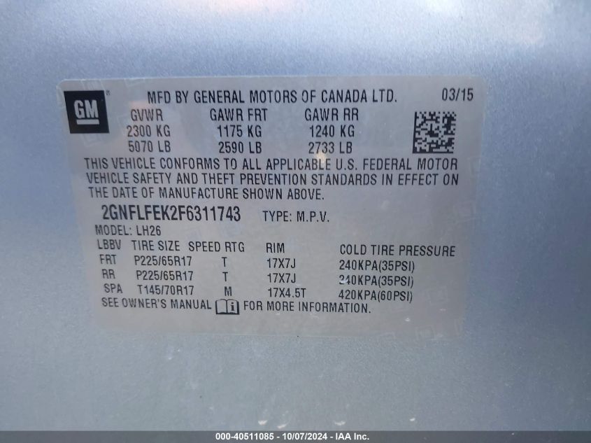 2GNFLFEK2F6311743 2015 Chevrolet Equinox 1Lt