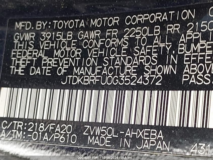 JTDKBRFU0G3524372 2016 Toyota Prius