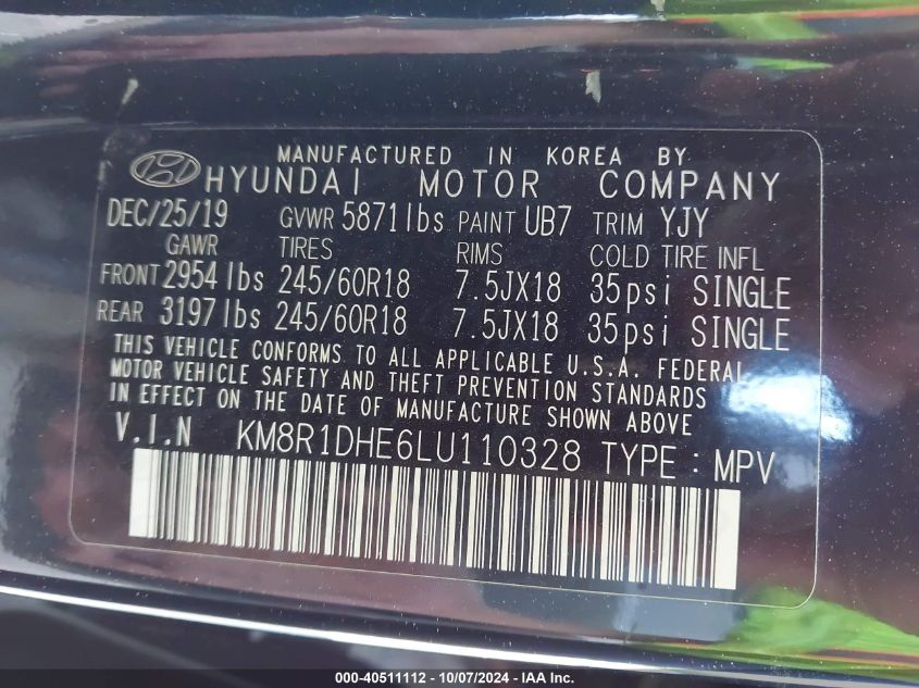 2020 Hyundai Palisade Se VIN: KM8R1DHE6LU110328 Lot: 40511112