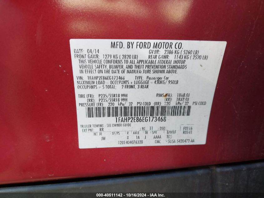 2014 Ford Taurus Sel VIN: 1FAHP2E86EG173468 Lot: 40511142