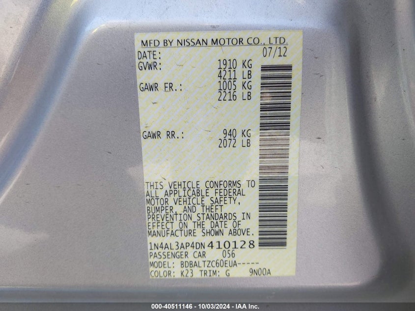 1N4AL3AP4DN410128 2013 Nissan Altima 2.5 Sv