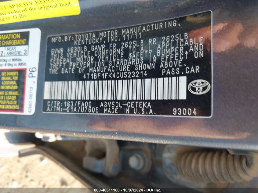 4T1BF1FK4CU523214 2012 Toyota Camry L