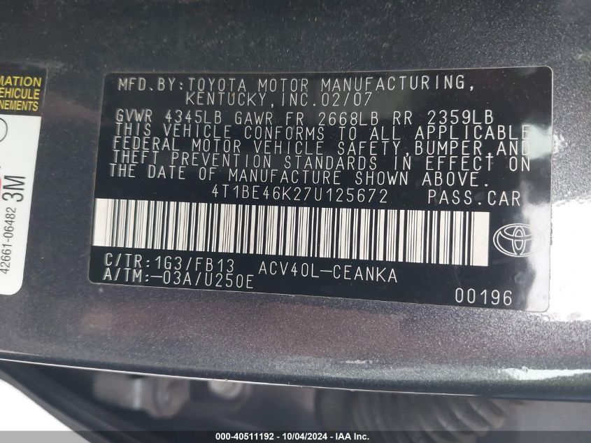 4T1BE46K27U125672 2007 Toyota Camry Le