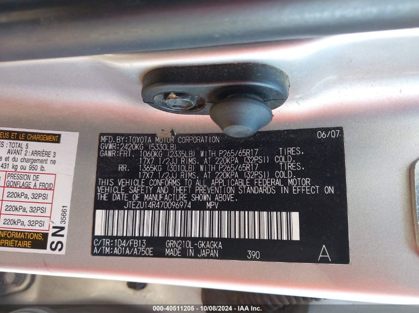 JTEZU14R470096974 2007 Toyota 4Runner Sr5/Sport