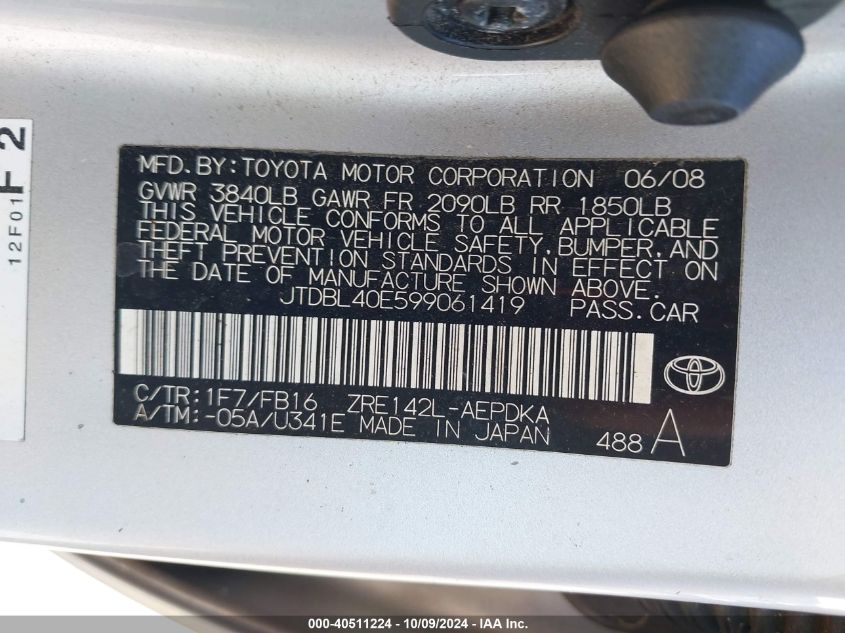 2009 Toyota Corolla Le/Xle VIN: JTDBL40E599061419 Lot: 40511224