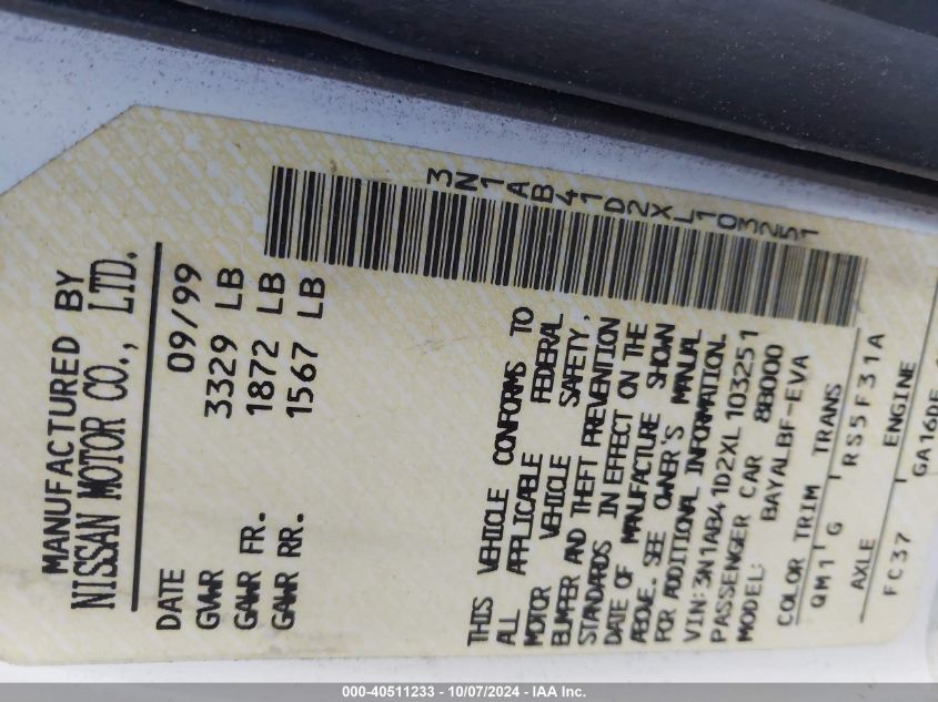 3N1AB41D2XL103251 1999 Nissan Sentra Xe/Gxe