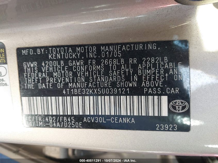 4T1BE32KX5U039121 2005 Toyota Camry Le/Xle/Se