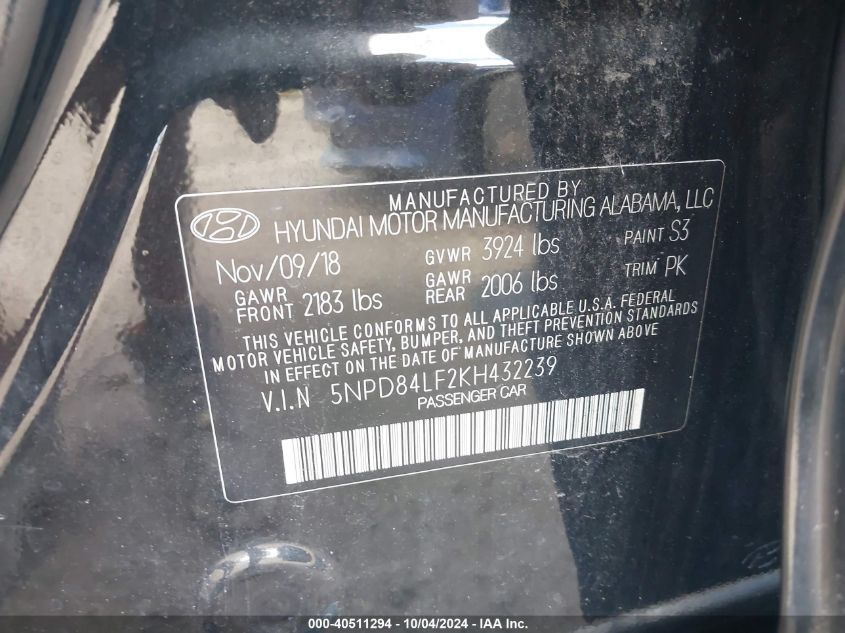 5NPD84LF2KH432239 2019 Hyundai Elantra Sel