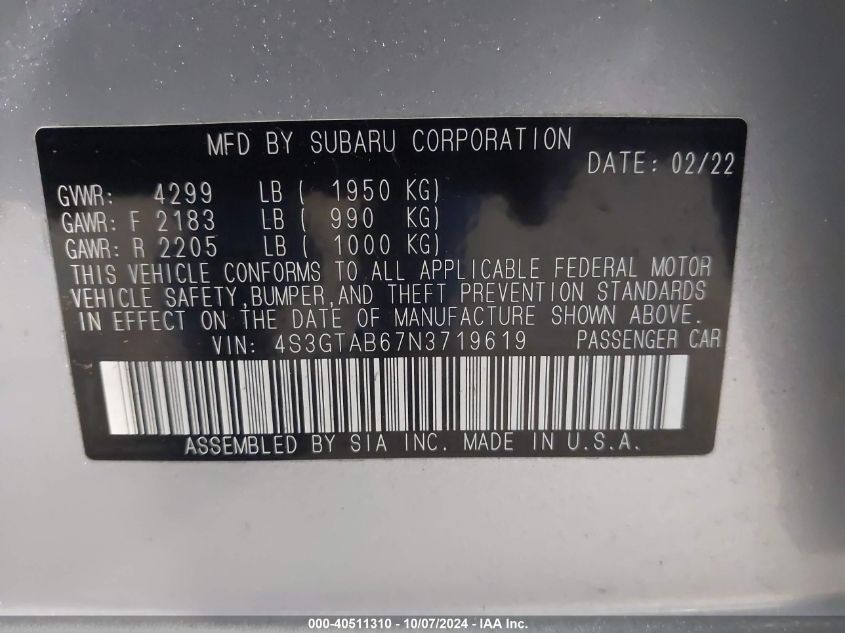 4S3GTAB67N3719619 2022 Subaru Impreza