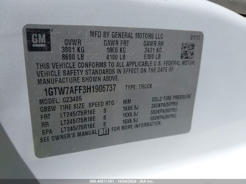 1GTW7AFF3H1906737 2017 GMC Savana 2500 Work Van