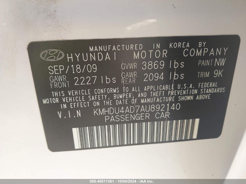 KMHDU4AD7AU892140 2010 Hyundai Elantra Gls