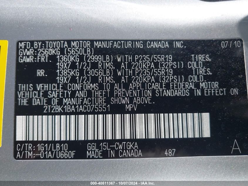 2T2BK1BA1AC075551 2010 Lexus Rx 350