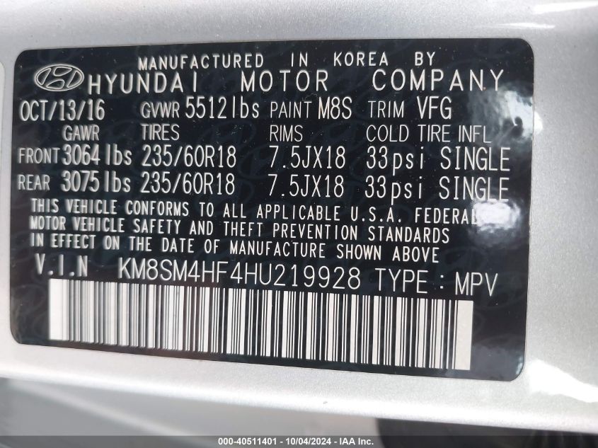 KM8SM4HF4HU219928 2017 Hyundai Santa Fe Se